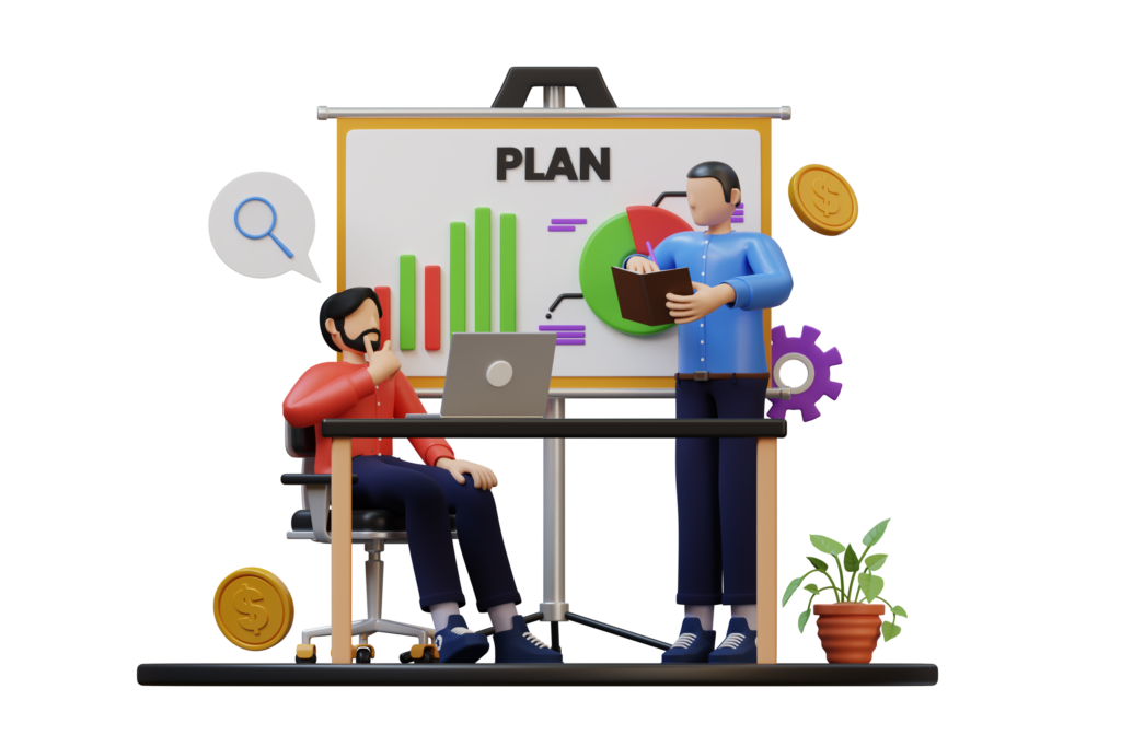 Graphic of desk and white board with 2 men devising a business plan