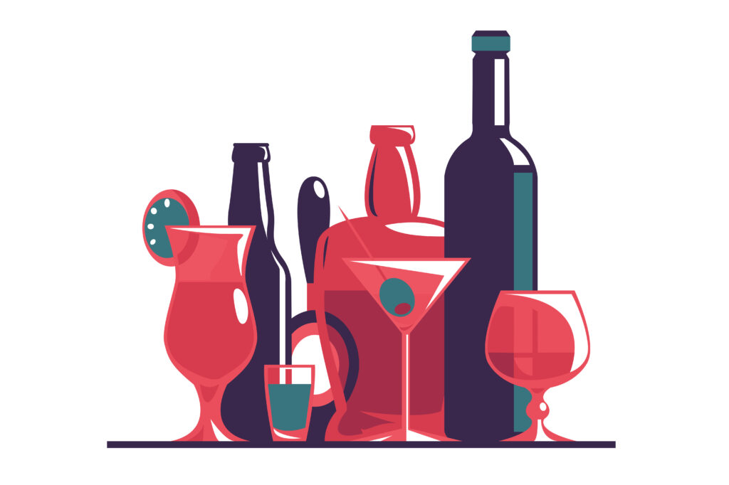 graphic of liquor bottles and glasses